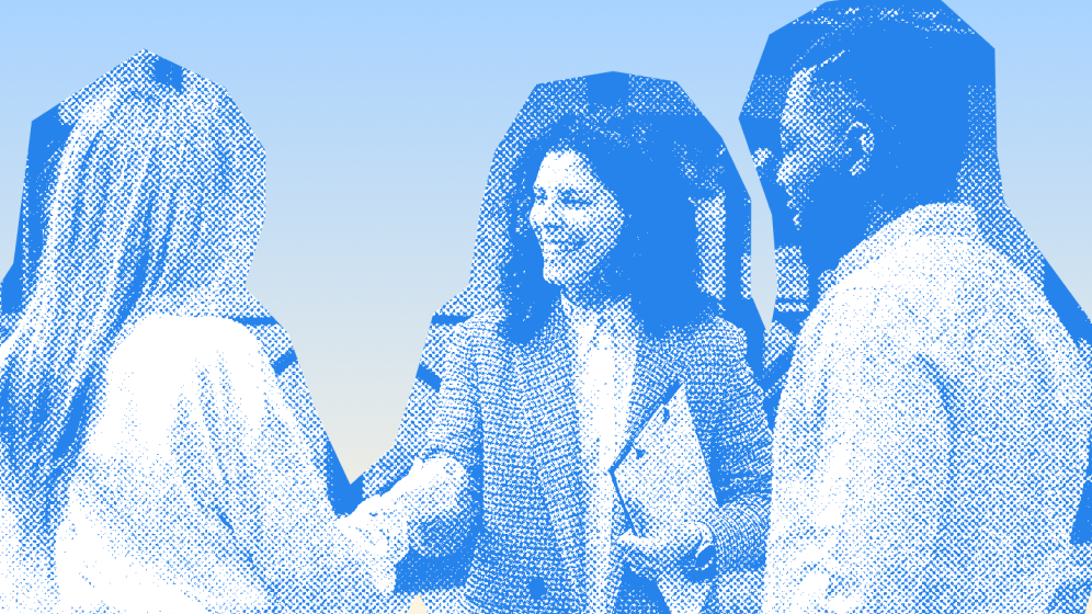 Group of colleagues greeting each other in a stylized blue duotone treatment
